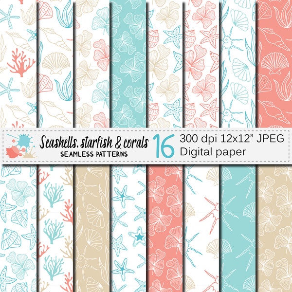 Sea life digital paper with seashells, starfish and corals, Ocean seamless hand drawn patterns, Blue Beige Coral digital papers