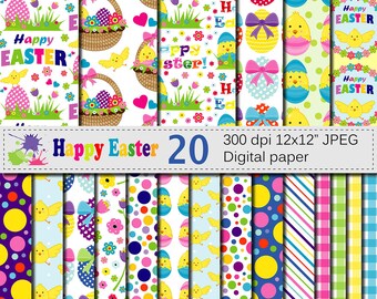 Happy Easter Digital Papers, Bright Easter Digital Scrapbook paper with Easter Basket Chick and Eggs, Instant Download