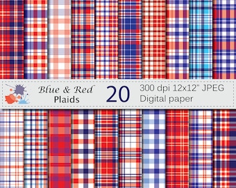 Blue and Red Plaid Digital Paper Set, Patriotic Plaid Digital Scrapbook Papers, 4th of July Instant Download