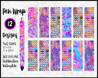 Swirly Abstract Marble and Glitter Chevron Pen Wrap Bundle for Sublimation or Waterslide / Ink Joy Epoxy Pen Wraps / Digital Download