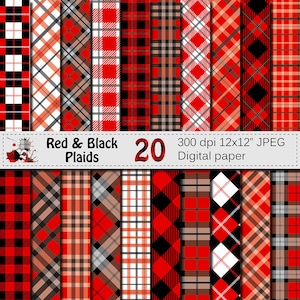 Noir et rouge Plaids numérique papier ensemble, Plaids bûcheron numériques papiers, papiers noir rouge géométrique Scrapbook, téléchargement immédiat