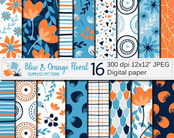 Blue and Orange Floral Digital Paper, Flowers Seamless Pattern, Scrapbook paper