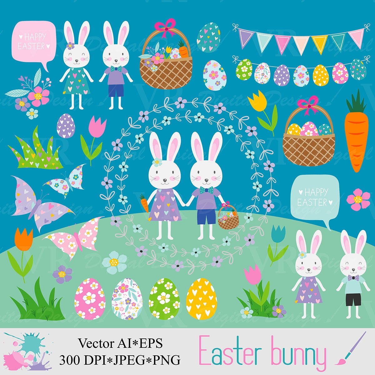 Easter bunny digital clipart, Easter rabbit clipart, Easter Eggs, Easter bunnies, Spring flowers and butterflies, Vector Download Clip Art