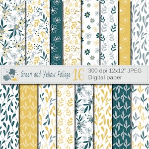 Seamless Green and Yellow Hand Drawn Flowers and Leaves Digital Paper, Foliage Seamless Pattern, Scrapbooking Papers