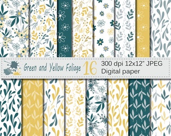 Seamless Green and Yellow Hand Drawn Flowers and Leaves Digital Paper, Foliage Seamless Pattern, Scrapbooking Papers