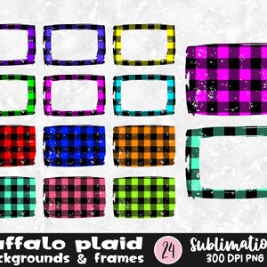 Könnte beinhalten: Set mit 24 karierten Hintergründen und Rahmen im Buffalo-Stil in verschiedenen Farben, darunter Rot, Blau, Grün, Gelb und Pink. Die Rahmen eignen sich perfekt, um Ihren Designs einen rustikalen Touch zu verleihen.
