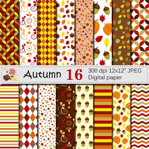Autumn Digital Paper Set with Pumpkin, Acorn and Leaves, Fall Digital Scrapbooking papers, Autumn Patterns, Instant Download