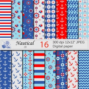 Nautical Red and Blue Digital Papers, Anchor Printable Scrapbook Papers, Navy Digital Papers, Marine Digital Paper, Digital Download