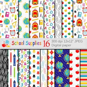 Back to School Digital paper, School Supplies pattern, Teacher Scrapbooking papers, School background, Education, Stationery, Download