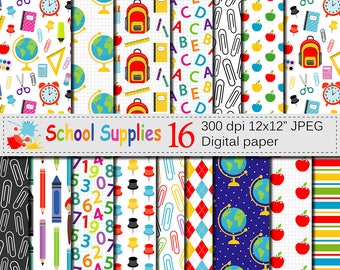 Back to School Digital paper, School Supplies pattern, Teacher Scrapbooking papers, School background, Education, Stationery, Download