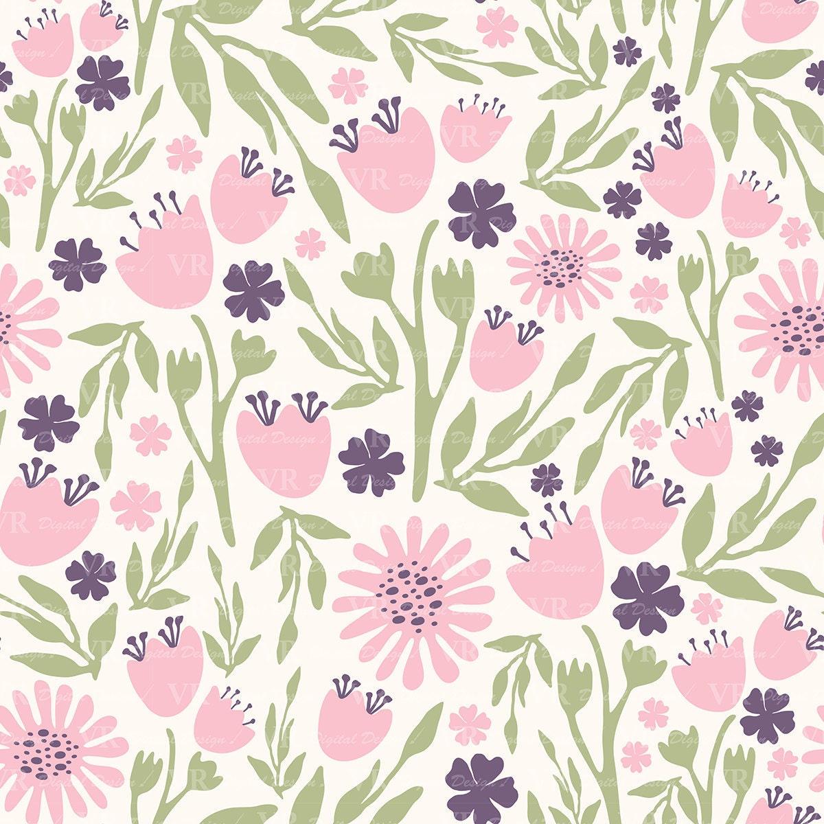 Seamless Spring Floral Digital Paper, Hand Drawn Flowers Seamless