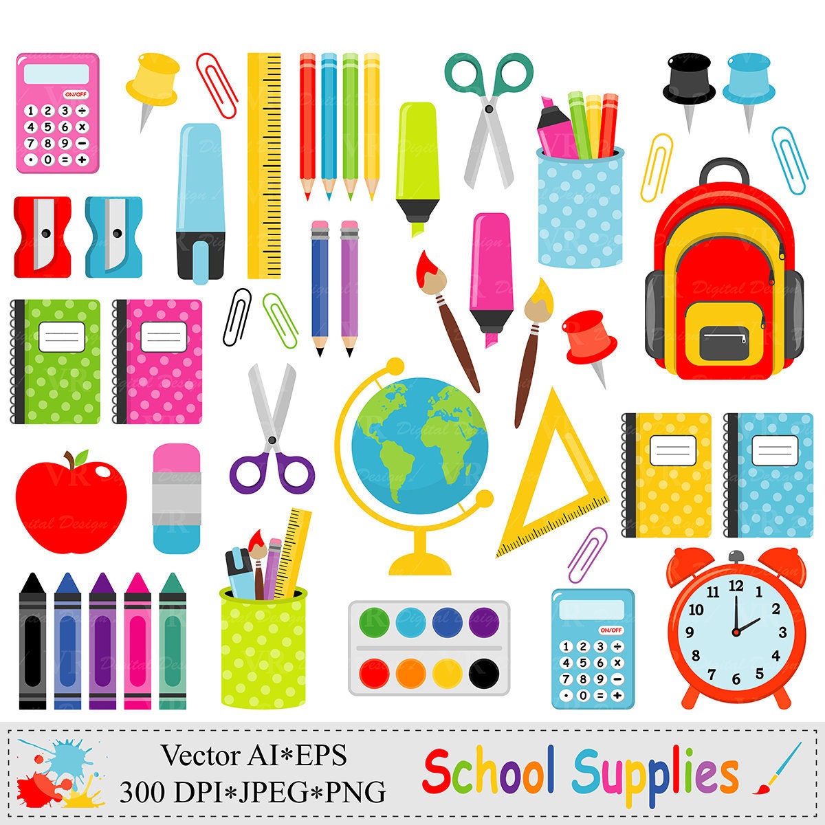 School Supplies Clip Art, Back to School Graphics, Stationery, Education,  Teacher Vector Clipart, Digital Download