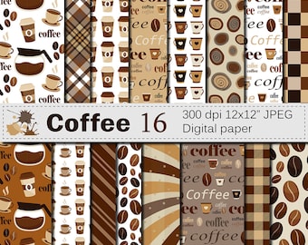 Coffee Digital Paper Set, Coffee Bean Digital Paper, Coffee Cup Patterns, Brown  Printable Scrapbook Papers, Instant Digital Download