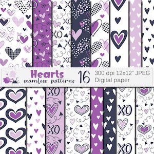 Hearts digital paper, Purple Valentine&#39;s Day seamless patterns, Love digital paper, Valentine scrapbook paper download
