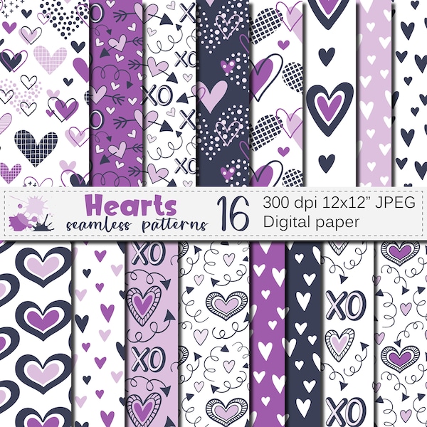 Hearts digital paper, Purple Valentine's Day seamless patterns, Love digital paper, Valentine scrapbook paper download