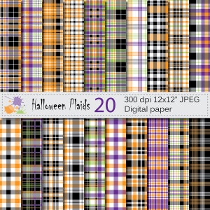 Halloween Plaids Digital Paper Set, Halloween Plaid Digital Papers, Black Orange Green Purple Digital Scrapbook Paper, Instant Download image 1