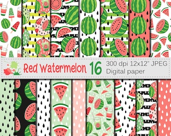 Papel digital de melancia, papéis digitais bonitos de frutas de verão, padrões sem costura de melancia vermelha e verde, papel de álbum de recortes de melancias