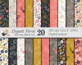 Seamless Elegant Floral Digital Paper, Hand Drawn Flowers Seamless Pattern, Gray Gold Coral Floral Printable Scrapbook Paper