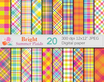 Bright Summer Plaid Digital Paper, Summer Multicolored Plaid Patterns, Plaid Printable Scrapbook Paper, Digital Download