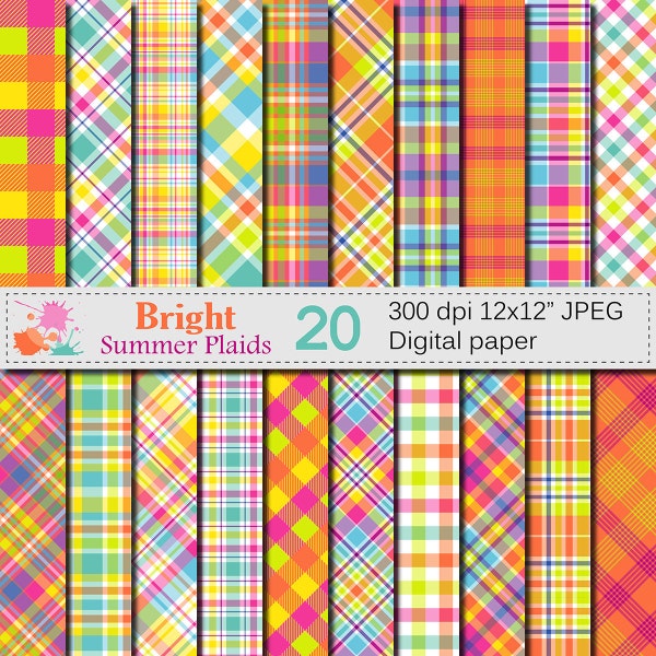 Bright Summer Plaid Digital Paper, Summer Multicolored Plaid Patterns, Plaid Printable Scrapbook Paper, Digital Download