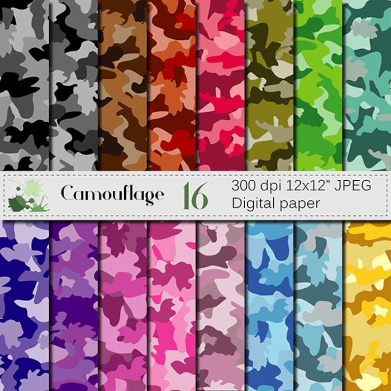 Camouflage Digital paper set, Colorful Camouflage Digital Papers, Scrapbook Papers, Camo Papers, Instant Digital Download image 1