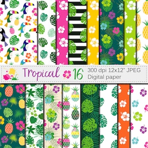 Tropical Digital Paper With Hibiscus, Toucan, Pineapple and Palm Leaves ...