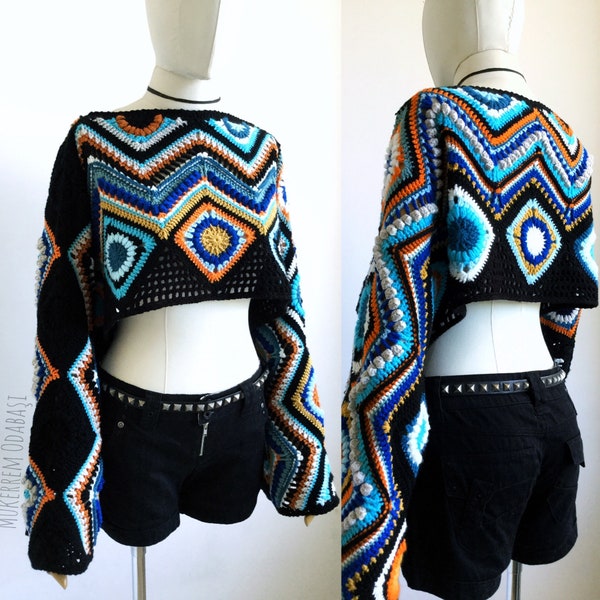 Crochet boho crop top,long sleeve top,crochet festival crop top,gift for her,womens gift