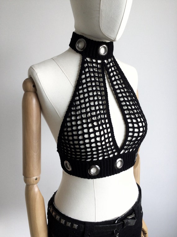 Crochet Gothic Crop Top With Eyelet Detail,black Crochet