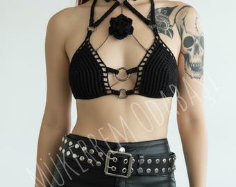 Black gothic crochet crop top,halloween crochet crop top,sexy crochet crop top,festival crop top,gift for her