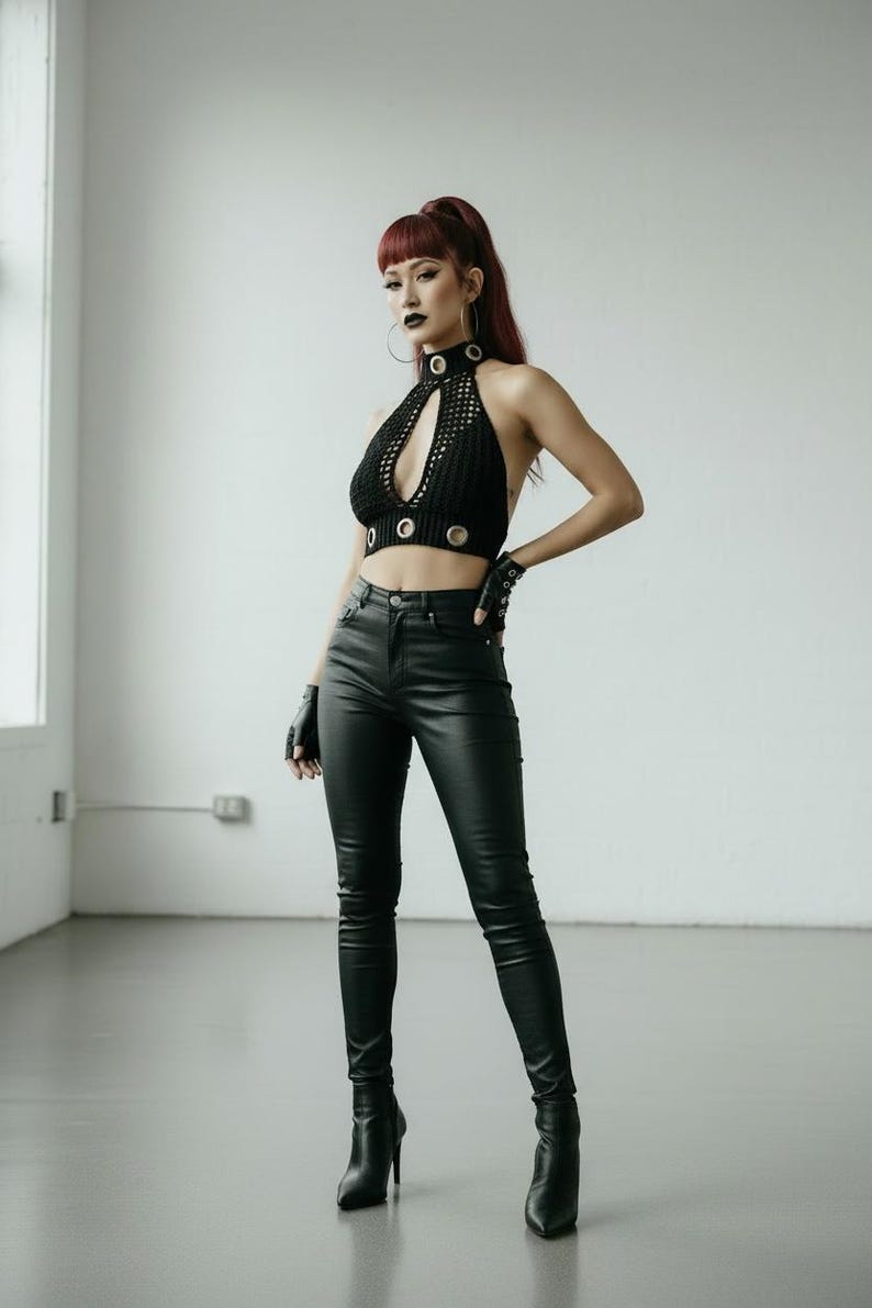 May include: Black halter top with metal ring accents and a keyhole design. The top is paired with black leather pants and black high-heeled boots. The outfit has a modern, edgy aesthetic.