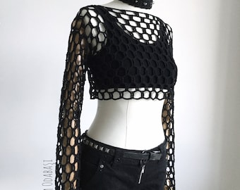 Gothic crochet crop top,crochet festival crop top,crochet mesh crop top,halloween crochet crop top