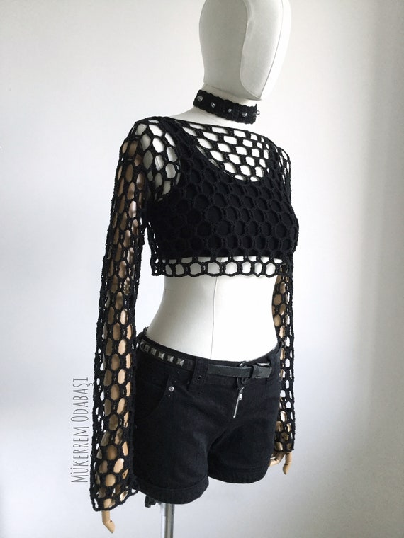 Gothic Crochet Crop Top,crochet Festival Crop Top,crochet Mesh Crop Top,halloween  Crochet Crop Top 