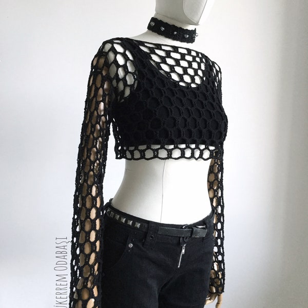 Gothic crochet crop top,crochet festival crop top,crochet mesh crop top,halloween crochet crop top