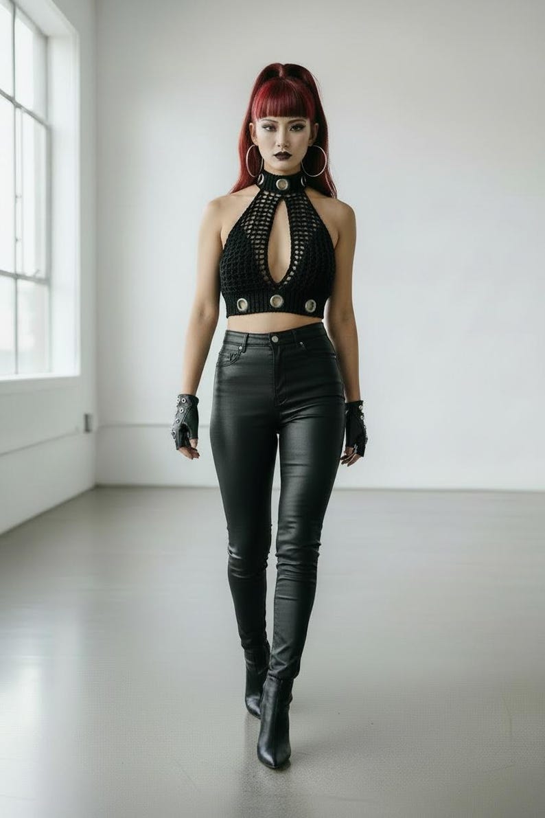 May include: Black halter top with a keyhole design and silver accents. The top is paired with black leather pants and boots. The model is wearing black fingerless gloves and large hoop earrings. The background is a white studio.
