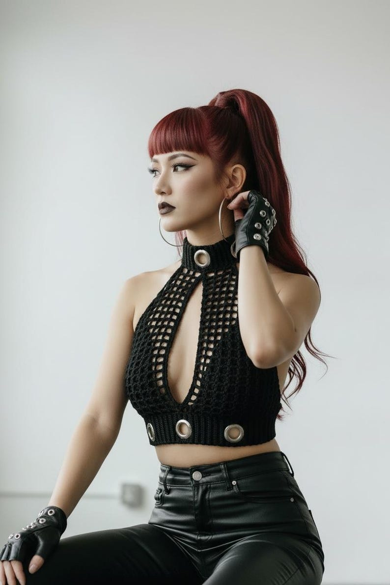 May include: Black crochet halter top with a keyhole design and silver grommet details. The top is paired with black leather pants and fingerless gloves. The model has red hair and large hoop earrings.