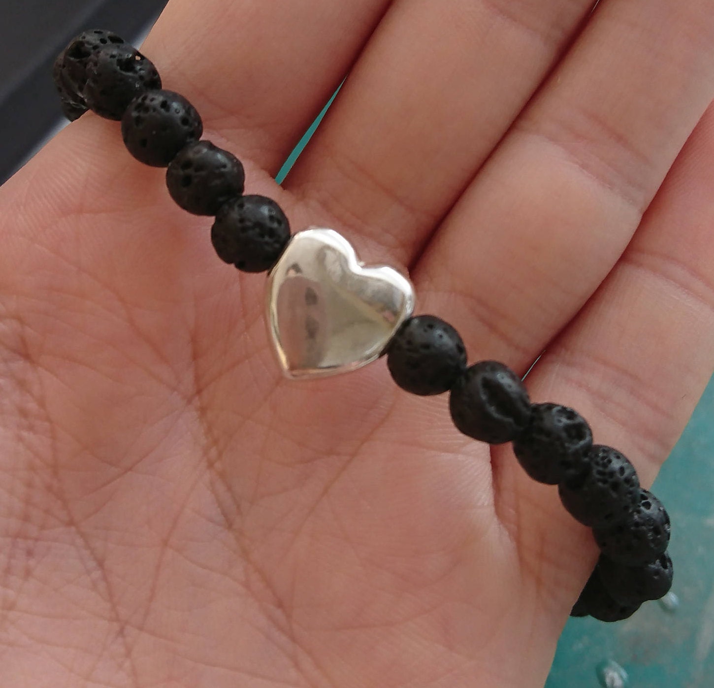 Lava bead charm bracelet black lava stone bracelet silver Etsy