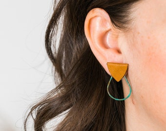 Hammered Brass and Leather Teardrop Studs