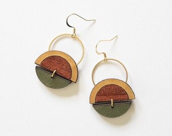 Colorful Milwaukee Love, Milwaukee Flag, MKE Earrings / Art Deco Stacked Earrings / Leather and brass