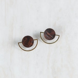Half Moon Leather Studs / Salvaged Leather Earrings Distressed brown