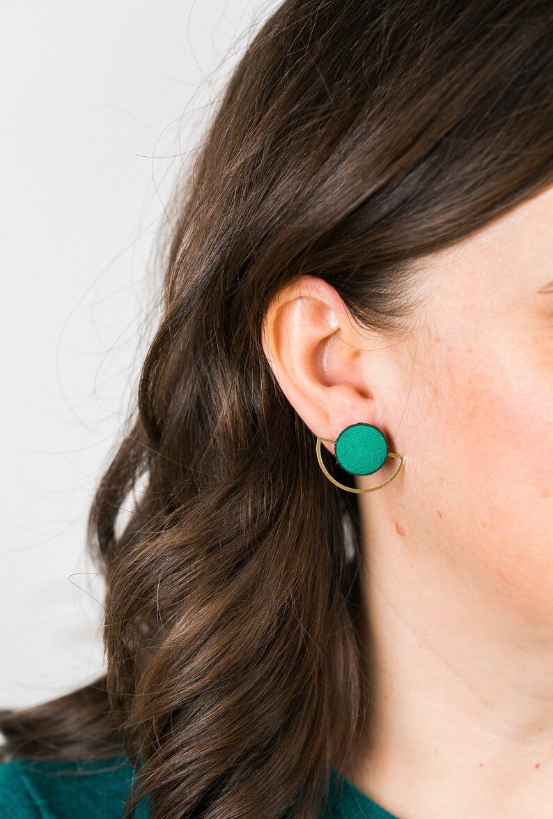 Half Moon Leather Studs / Salvaged Leather Earrings Emerald