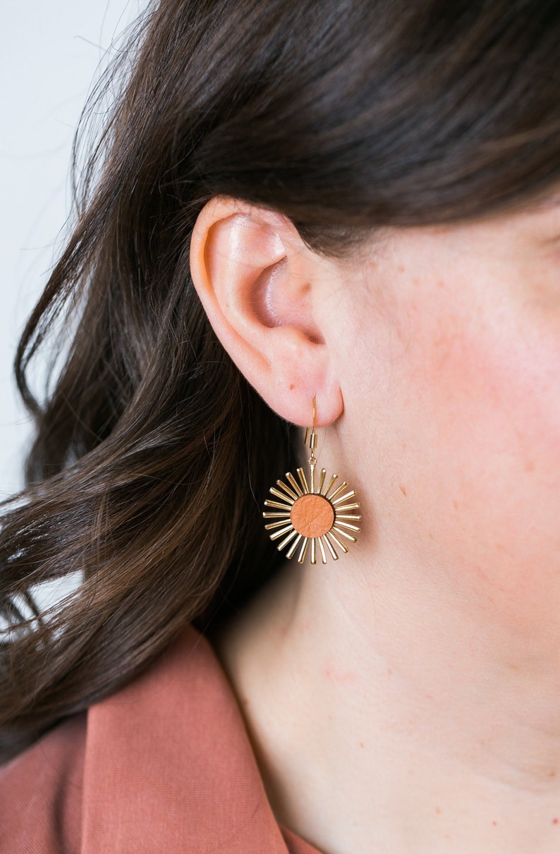 Oxeye Daisy Earrings / Salvaged Leather earrings, Flower earrings, 90s earrings Orange