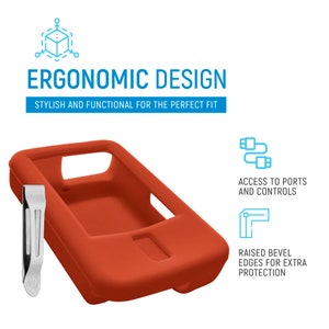 May include: Orange silicone case for a phone or other device. The case has a raised edge around the screen for extra protection. The case also has cutouts for the ports and controls. The case comes with a metal clip.