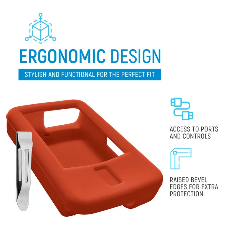 May include: Orange silicone case for a phone or other device. The case has a raised edge around the screen for extra protection. The case also has cutouts for the ports and controls. The case comes with a metal clip.