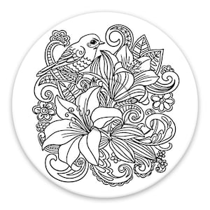 May include: A black and white line drawing of a bird perched on a lily flower with intricate floral designs surrounding it.