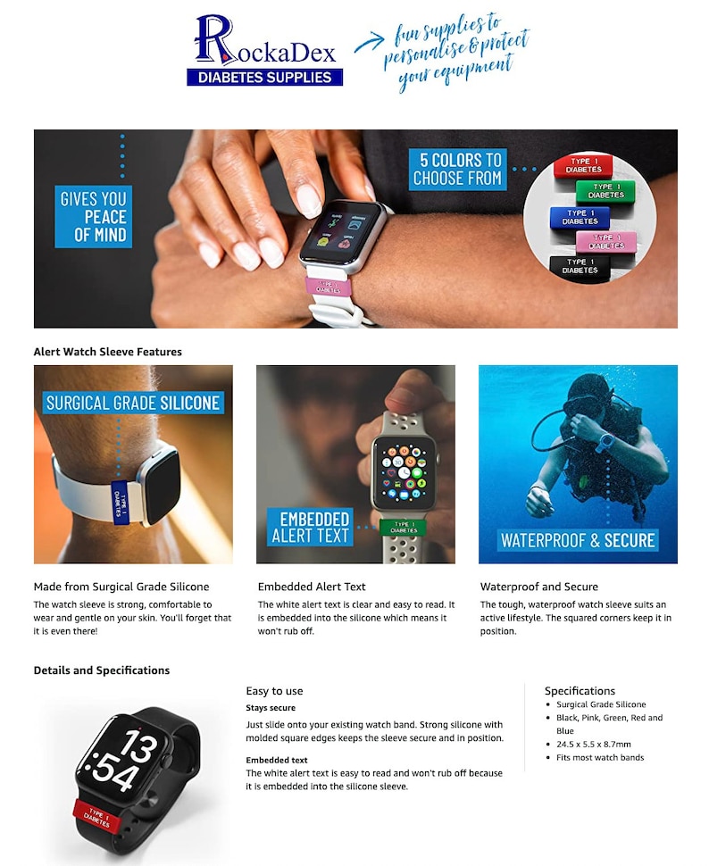 Type 2 Diabetic Medical Alert Watch Sleeve Colored Silicone image 10