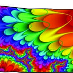 May include: Abstract psychedelic art print with a swirling pattern of red, orange, yellow, green, blue, and purple colors.