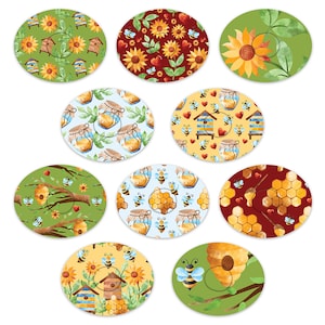 May include: Ten round, colorful stickers with bee and honey themed designs. The designs include bees, honeycombs, jars of honey, sunflowers, and beehives.