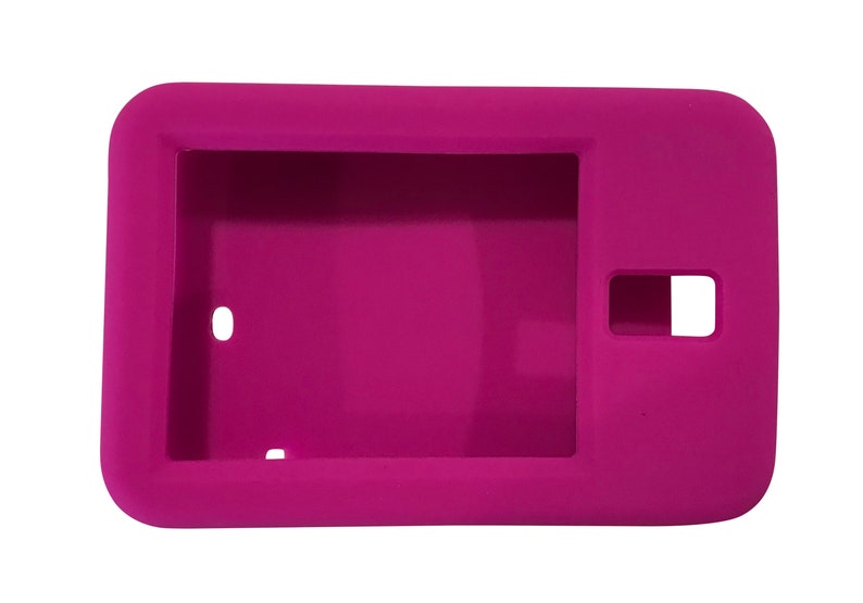 May include: A bright pink silicone case for a tablet or e-reader. The case has a cutout for the camera and a raised lip around the screen to protect it from scratches.