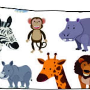 May include: A colorful illustration featuring a variety of animals, including a zebra, a giraffe, a lion, a rhino, a hippopotamus, and monkeys. The animals are set against a white background.