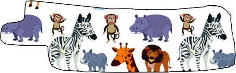 May include: A colorful illustration featuring a variety of animals, including a zebra, a giraffe, a lion, a rhino, a hippopotamus, and monkeys. The animals are set against a white background.
